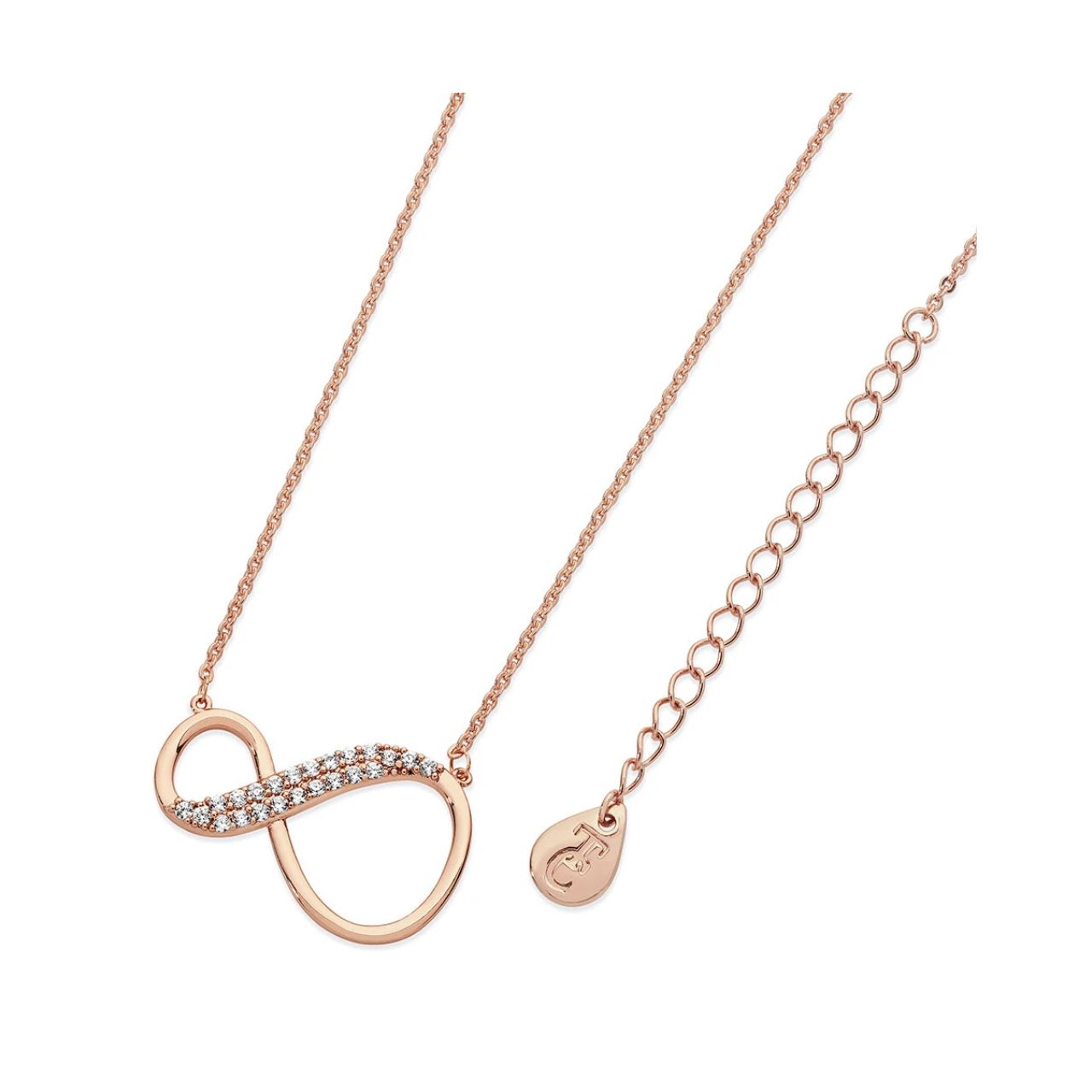 Express your never-ending love with this dazzling crystal adorned inﬁnity pendant. The warm rose gold asymetrical inﬁnity symbol is a sleek ﬁgure of eight with two rows of shimmering round clear crystal accents.