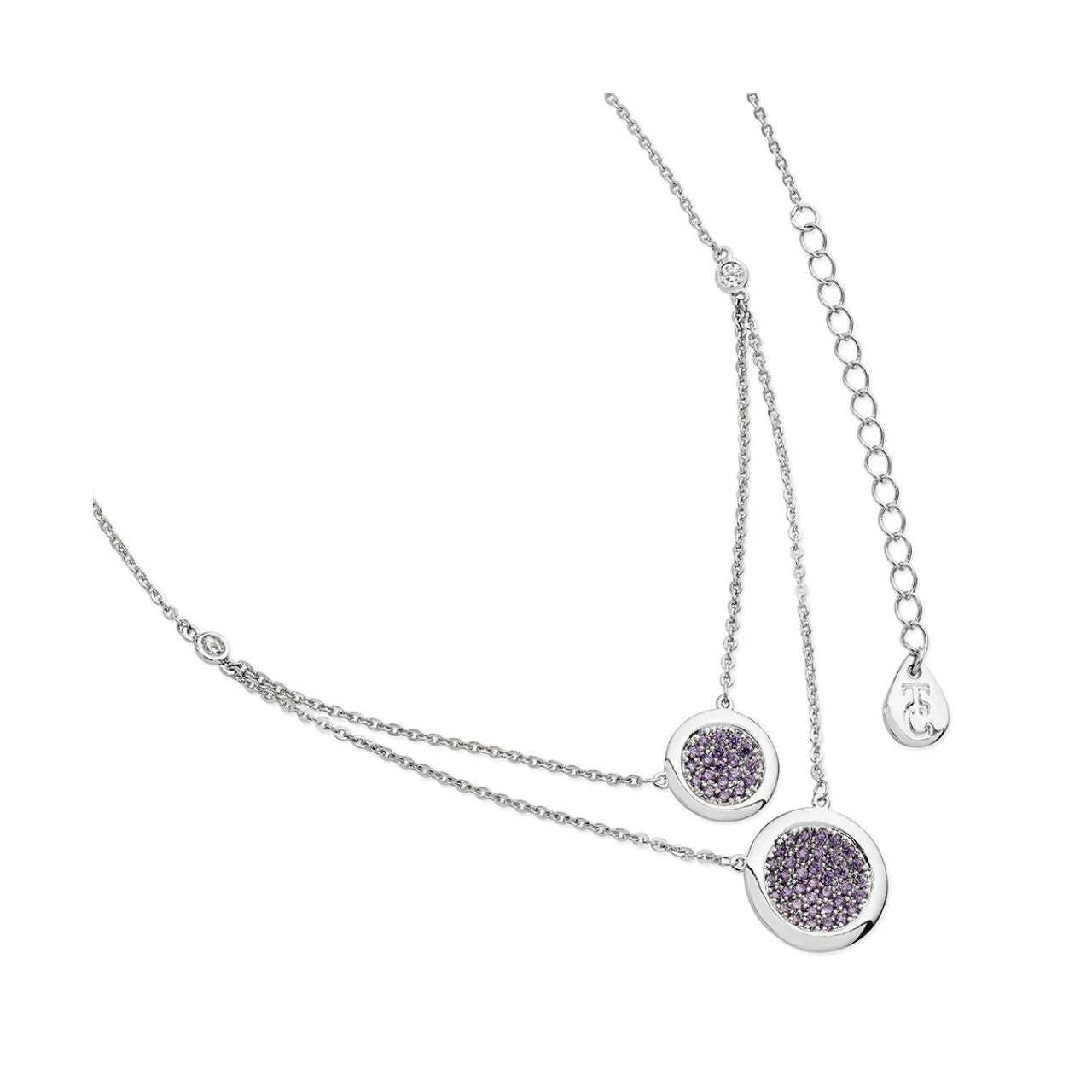 A sparklingly chic design, this crystal double strand necklace takes any look to a new level. Crafted in silver it features two full circles of rich lavender crystals with a highly polished border.