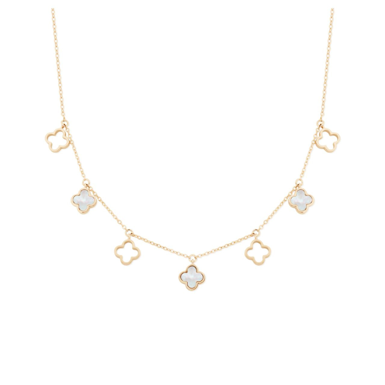 Elevate your everyday elegance with the Tipperary Le Fleur 7 Fleur Necklace in radiant gold. This exquisite piece features seven delicate floral motifs cascading gracefully along a refined chain, creating a sophisticated focal point that catches the light beautifully.