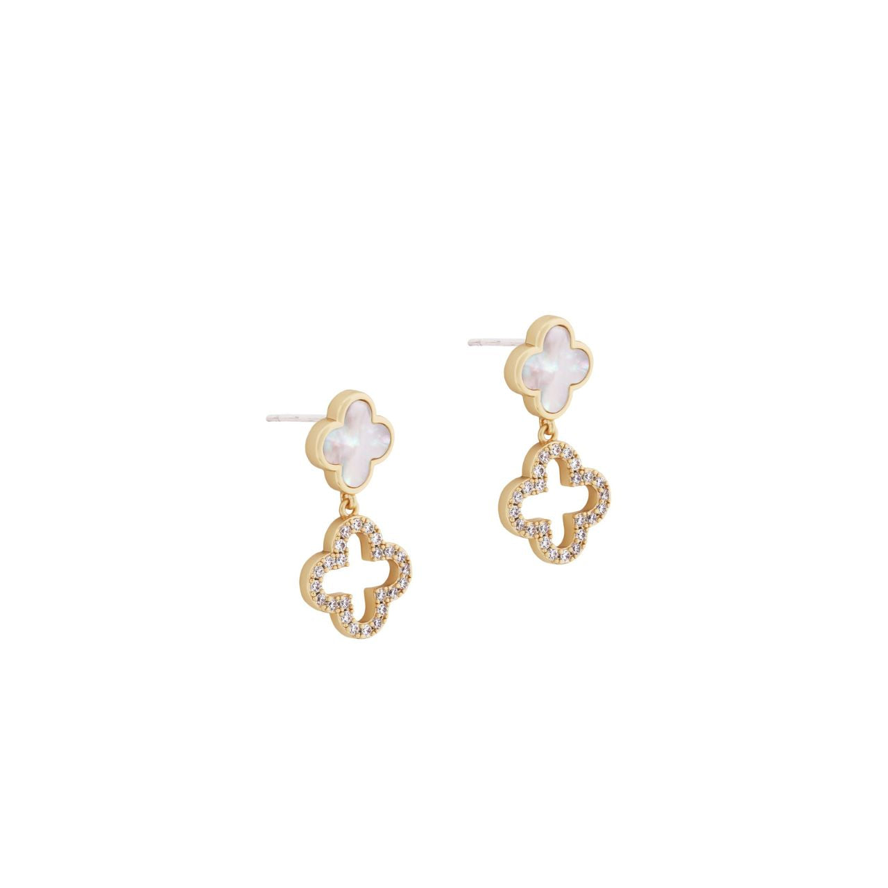 Elevate your everyday elegance with these stunning Le Fleur drop earrings, where sparkling cubic zirconia meets the lustrous beauty of mother-of-pearl. Crafted in warm gold, these sophisticated pieces catch the light beautifully, creating an enchanting shimmer that complements any complexion.