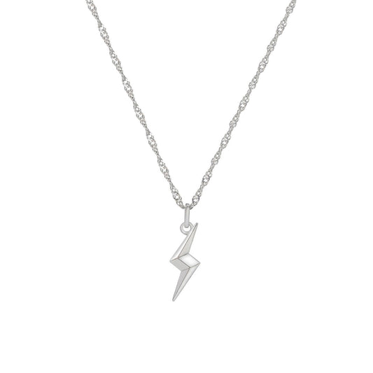 Crafted from gleaming silver, this contemporary piece features a dynamic lightning bolt design that dangles elegantly from a delicate chain.