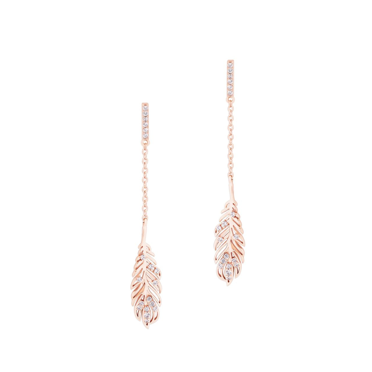 Rose Gold Long Feather Earrings Inset With Clear CZ by Tipperary  The Tipperary Feather long drop earrings offer an elegant take on feather jewellery collection in gold. These long drop earrings offer a modern twist on traditional jewellery designs. Wear them to add a touch of sophistication to any outfit.