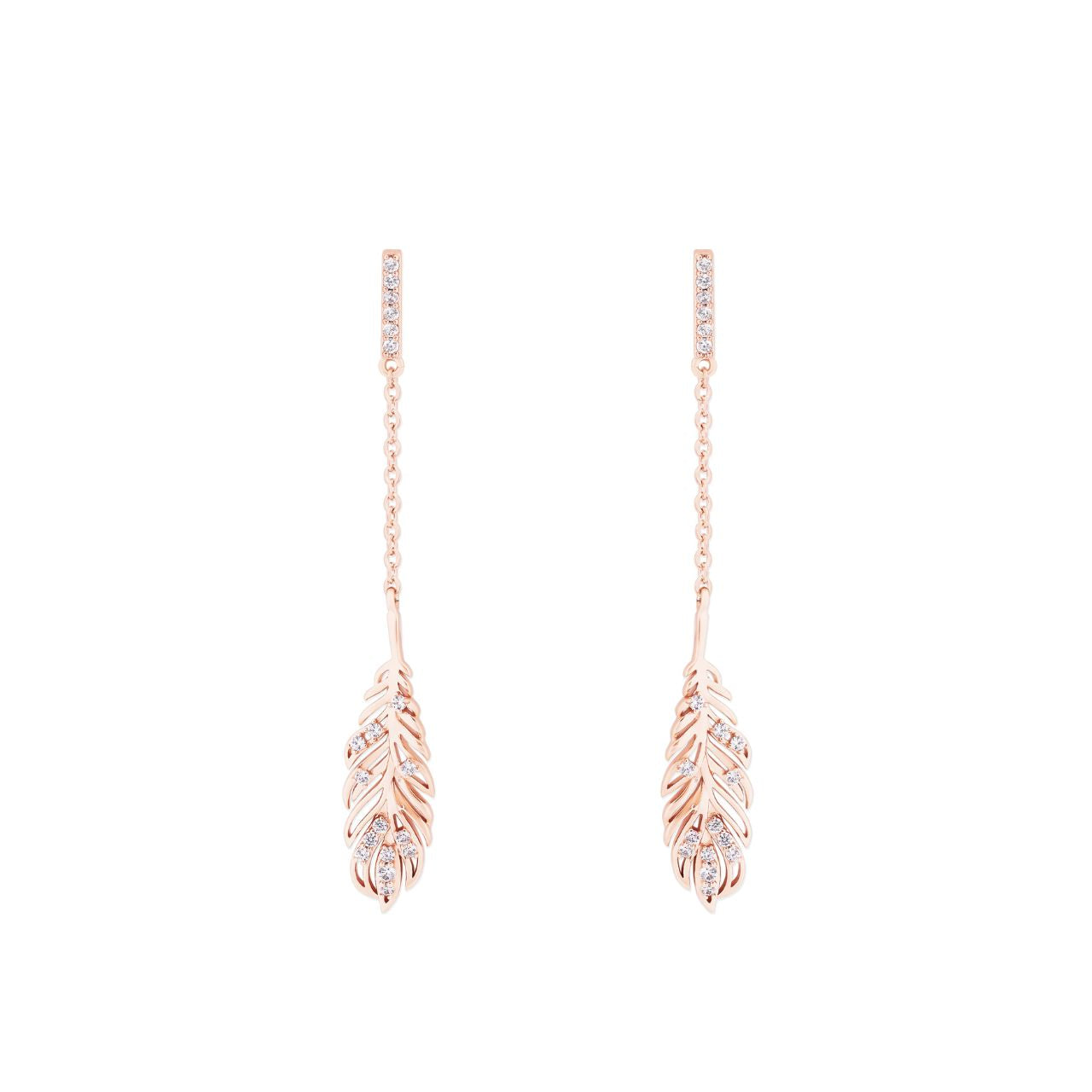 Rose Gold Long Feather Earrings Inset With Clear CZ by Tipperary  The Tipperary Feather long drop earrings offer an elegant take on feather jewellery collection in gold. These long drop earrings offer a modern twist on traditional jewellery designs. Wear them to add a touch of sophistication to any outfit.