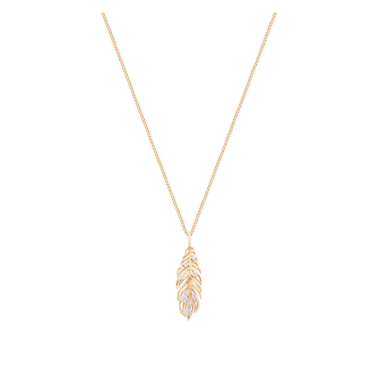 Elevate your style with the Tipperary Long Feather Pendant, exquisitely crafted in gold and delicately inset with sparkling cubic zirconia.