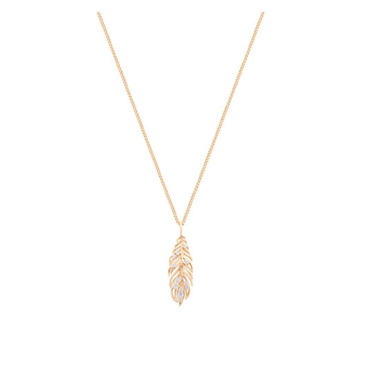 Elevate your style with the Tipperary Long Feather Pendant, exquisitely crafted in gold and delicately inset with sparkling cubic zirconia.