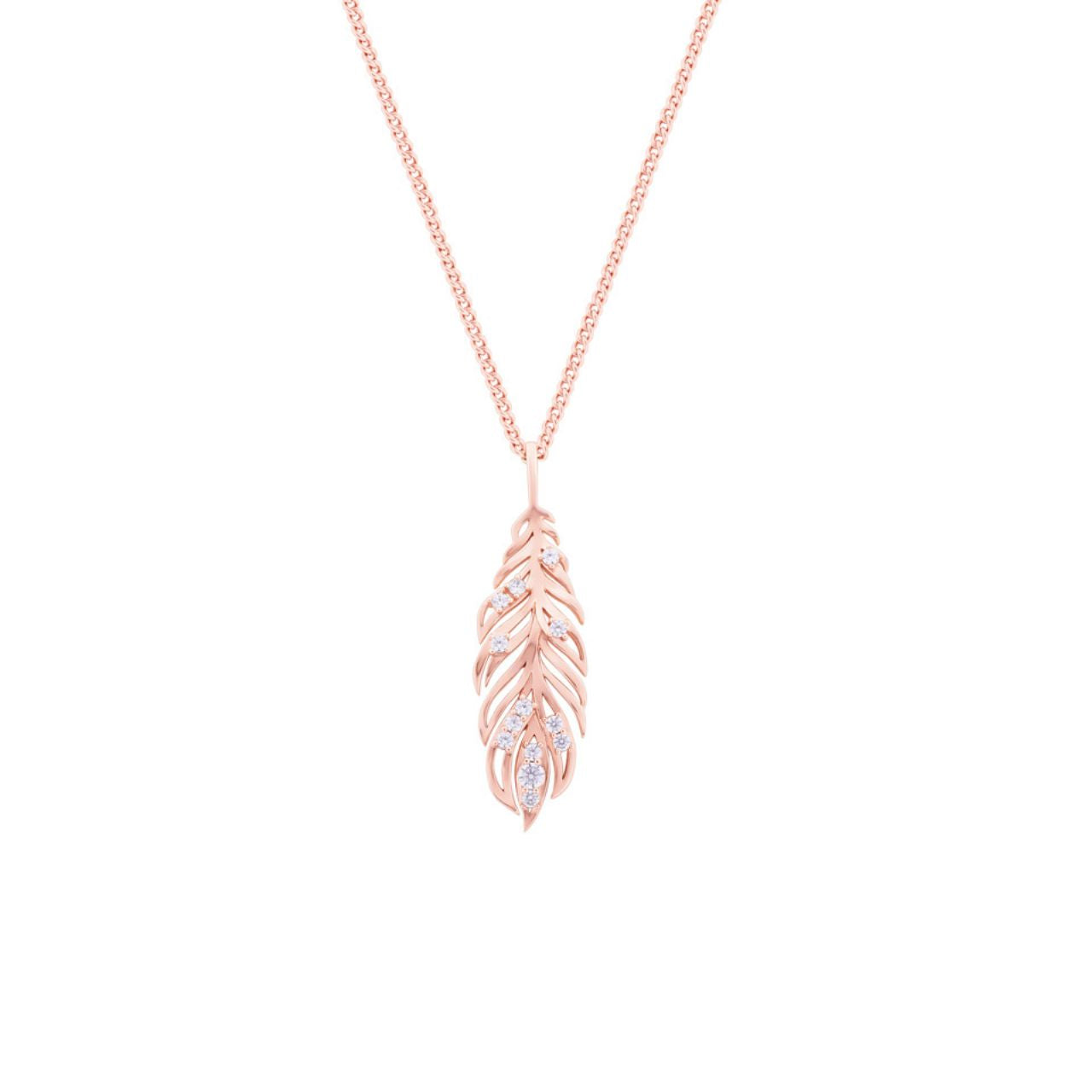 Long Feather Rose Gold Pendant With Clear CZ by Tipperary  This Rose Gold crafted Feather Pendant is embelleshed with Crystals along the Feathers and is a truly unique and special piece. This pendant is finished with a brightly polished bale and suspends freely at a tilt along a cable chain which secures with a lobster claw clasp with 2 extension and a Tipperary branded fob.