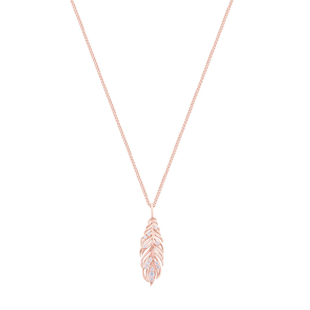 Long Feather Rose Gold Pendant With Clear CZ by Tipperary  This Rose Gold crafted Feather Pendant is embelleshed with Crystals along the Feathers and is a truly unique and special piece. This pendant is finished with a brightly polished bale and suspends freely at a tilt along a cable chain which secures with a lobster claw clasp with 2 extension and a Tipperary branded fob.