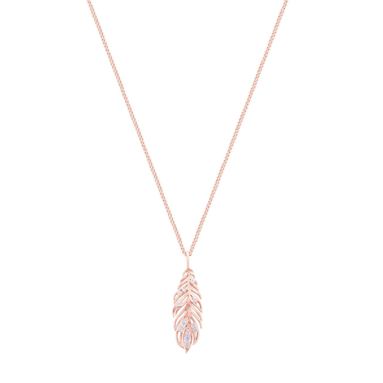 Long Feather Rose Gold Pendant With Clear CZ by Tipperary  This Rose Gold crafted Feather Pendant is embelleshed with Crystals along the Feathers and is a truly unique and special piece. This pendant is finished with a brightly polished bale and suspends freely at a tilt along a cable chain which secures with a lobster claw clasp with 2 extension and a Tipperary branded fob.