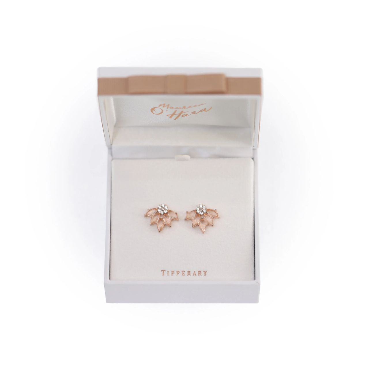 These exquisite earrings will enhance any outfit. Crafted in glowing Rose gold these magnificent stud earrings consist of delicate peach marquise cut CZ arranged around a dark sultry pave arrangement. They secure comfortably with push backs.