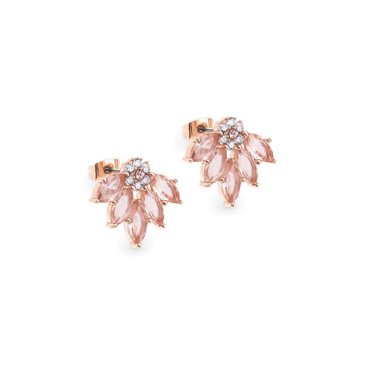 These exquisite earrings will enhance any outfit. Crafted in glowing Rose gold these magnificent stud earrings consist of delicate peach marquise cut CZ arranged around a dark sultry pave arrangement. They secure comfortably with push backs.