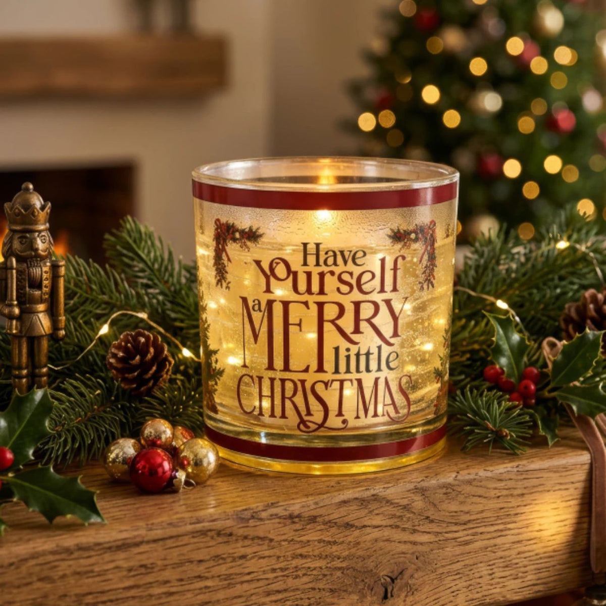 Add a touch of festive magic to your home with this charming Merry Little Christmas LED Light Up Candle, featuring a beautiful Christmas design.