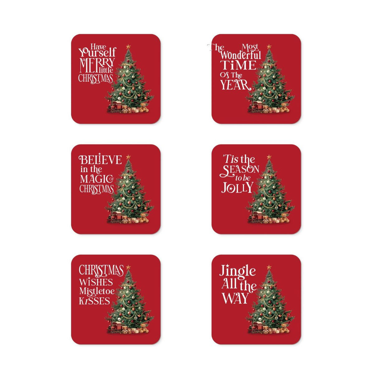 Bring a little Christmas cheer to your home with this lovely set of 6 coasters, featuring a festive red design, charming Christmas trees and much-loved festive phrases such as ‘Have Yourself a Merry Little Christmas’ and ‘The Most Wonderful Time of the Year’.