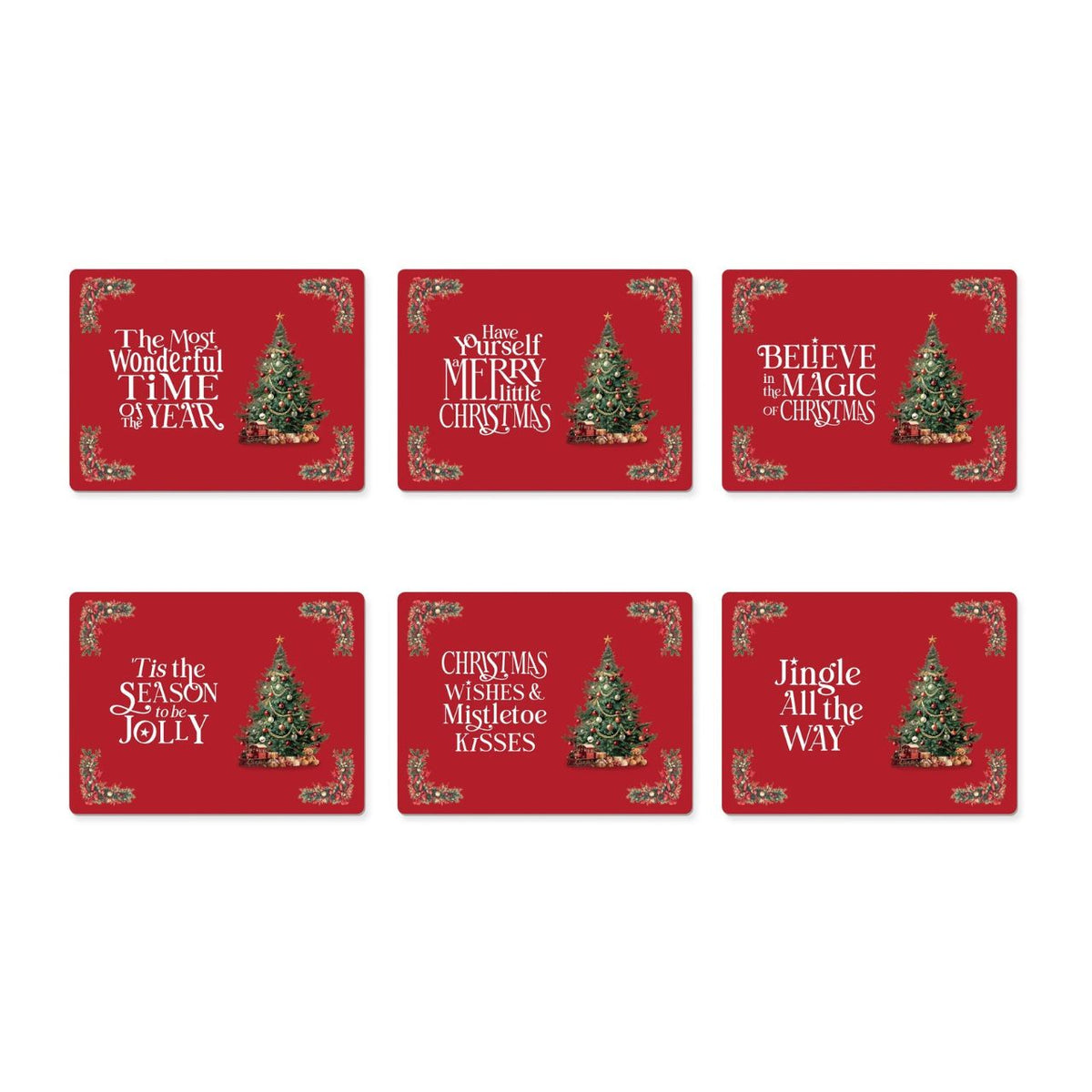 Bring a little Christmas cheer to your table with this lovely set of 6 placemats, featuring a festive red design, charming Christmas trees and much-loved festive phrases such as ‘Have Yourself a Merry Little Christmas’ and ‘The Most Wonderful Time of the Year’.