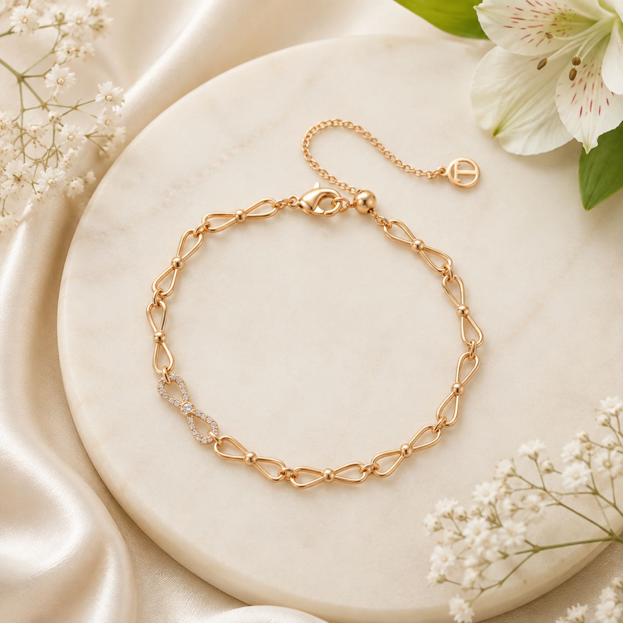 Elegant mini bow bracelet crafted in gold-tone finish, adorned with sparkling cubic zirconia stones. This delicate piece from Tipperary combines timeless design with contemporary sparkle, perfect for everyday wear or special occasions.