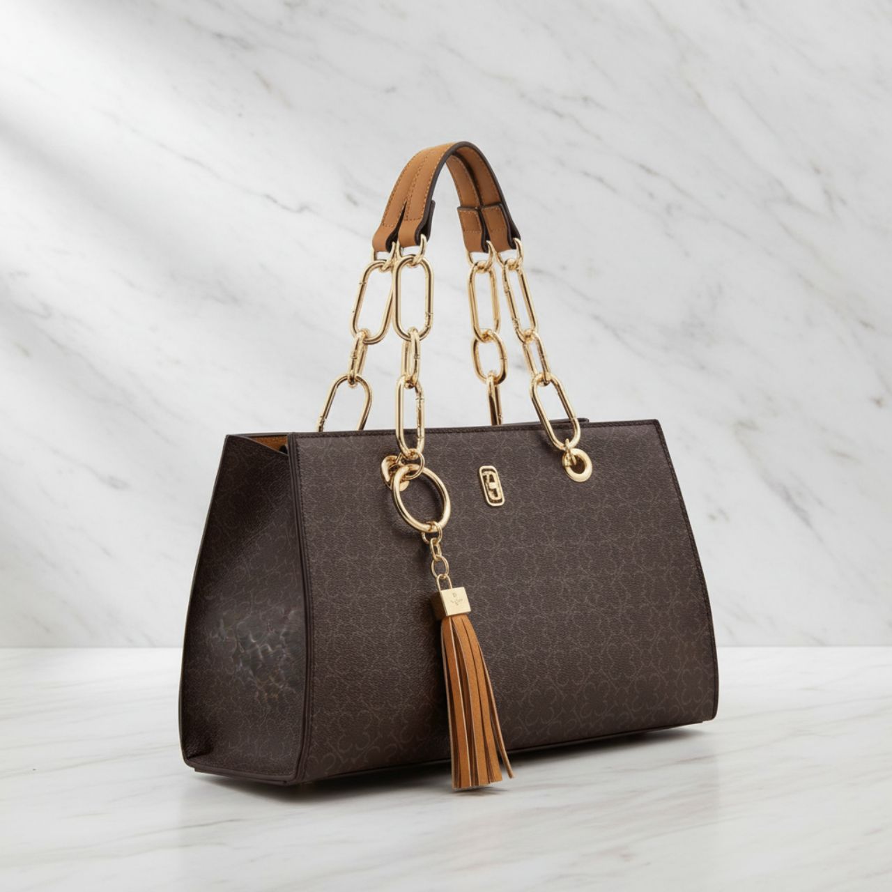 The Tipperary Monogram Handbag in Mocha is a sophisticated accessory designed for the discerning individual. Crafted with attention to detail, its monogram pattern adds a timeless elegance, while the rich mocha colour complements a variety of outfits.