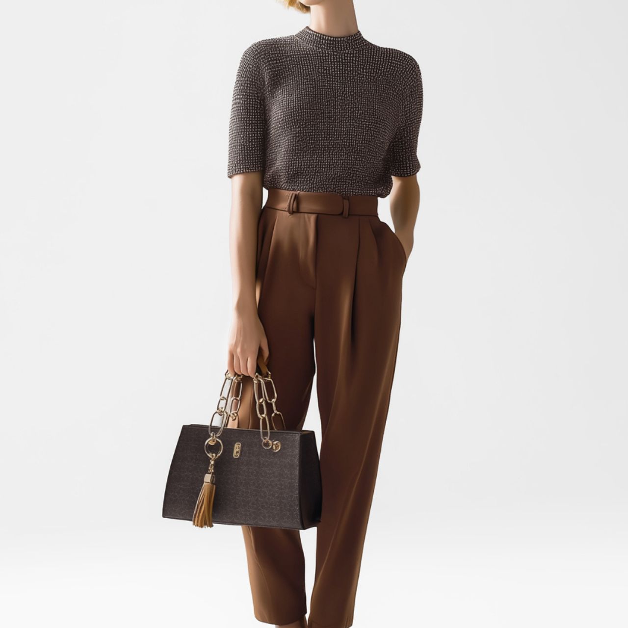 The Tipperary Monogram Handbag in Mocha is a sophisticated accessory designed for the discerning individual. Crafted with attention to detail, its monogram pattern adds a timeless elegance, while the rich mocha colour complements a variety of outfits.