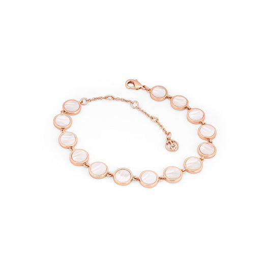 Mother Of Pearl Full Moon Bracelet by Tipperary  This Bracelet is crafted from Rose gold and features fourteen perfectly round discs with a Mother of Pear inlay, this bracelet closes with a lobster clip and is finished with a TC Fob.