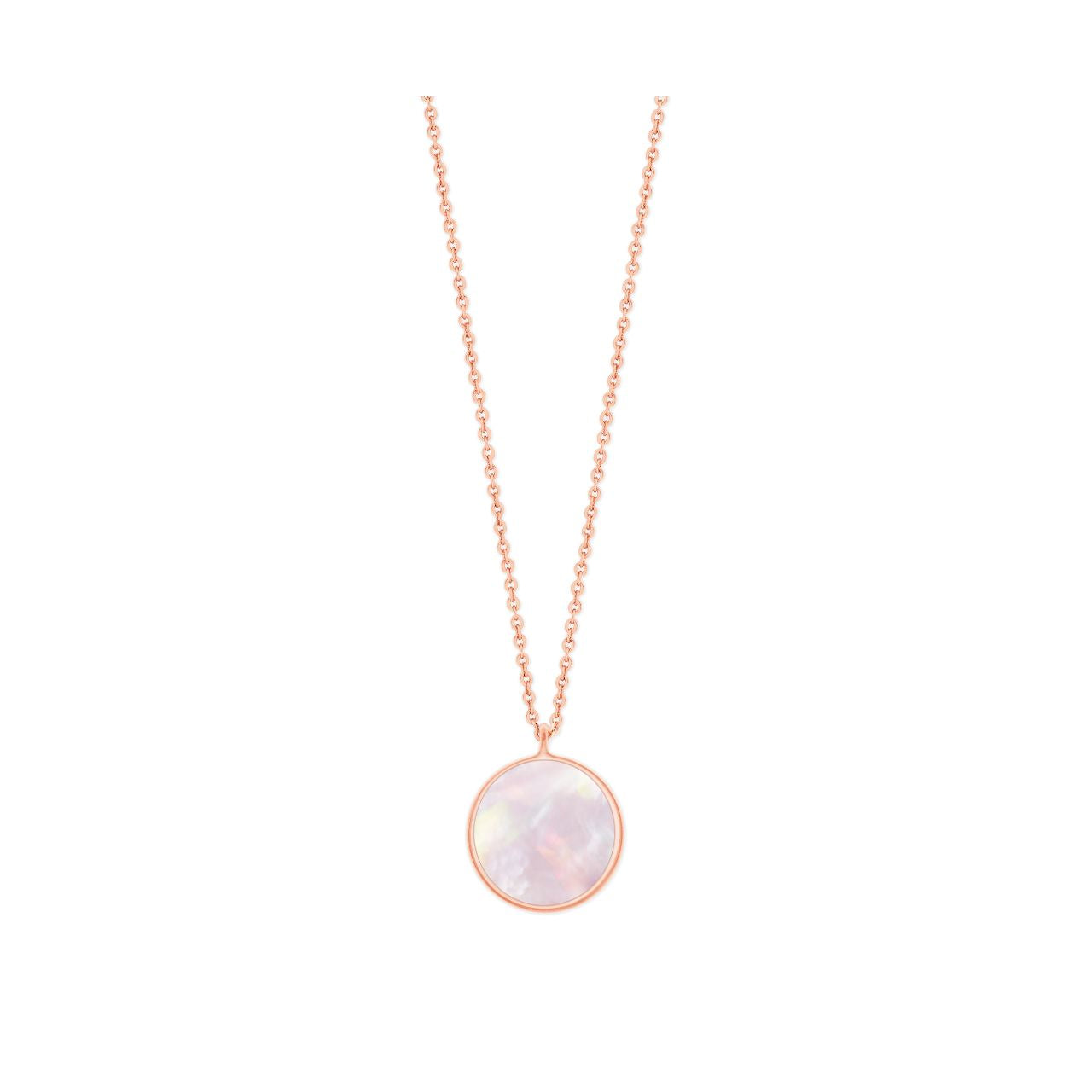 This pendant is crafted from Rose Gold and features a Mother of Pearl inlaid disc that hangs from a polished bale that moves freely on the delicate chain, this pendant closes with a lobster clip and is finished with a TC Fob.