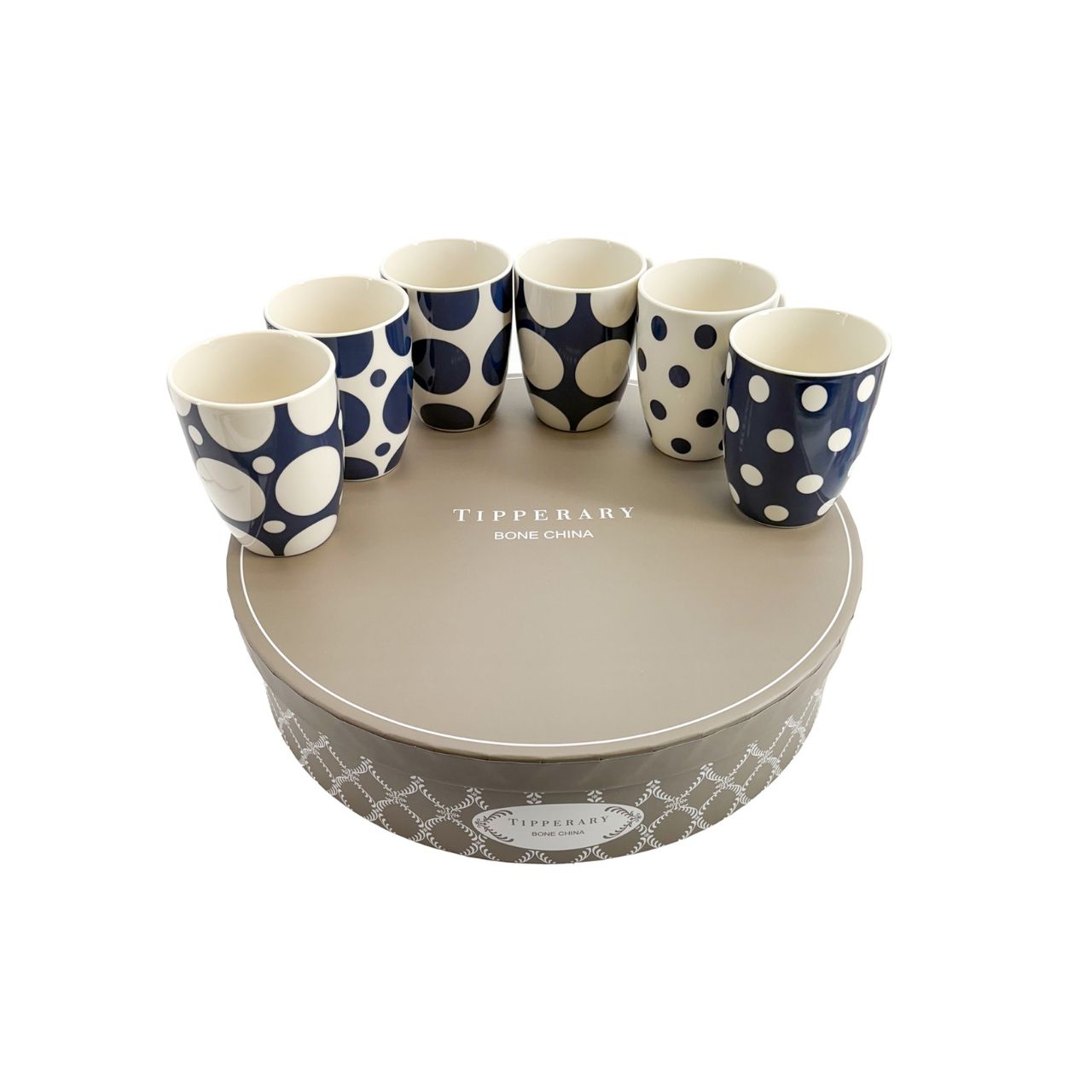 Elevate your daily ritual with this refined collection of six mugs, each adorned with understated navy spots that bring timeless elegance to your table.