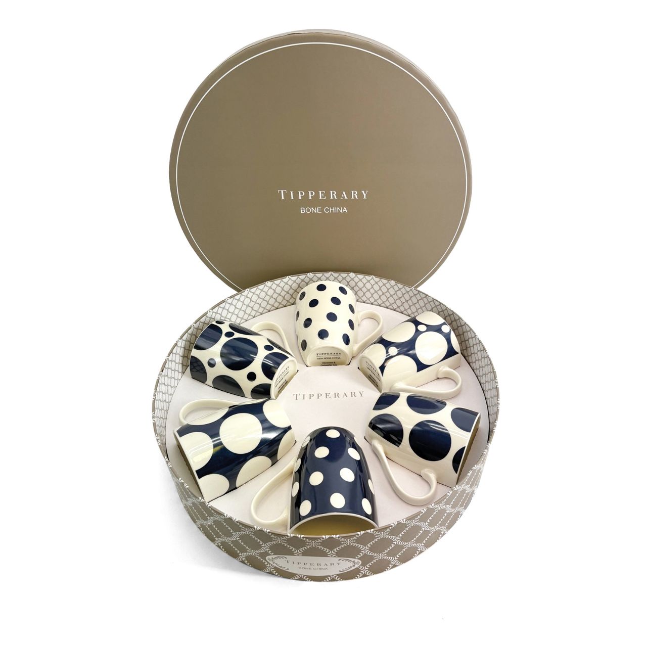 Elevate your daily ritual with this refined collection of six mugs, each adorned with understated navy spots that bring timeless elegance to your table.