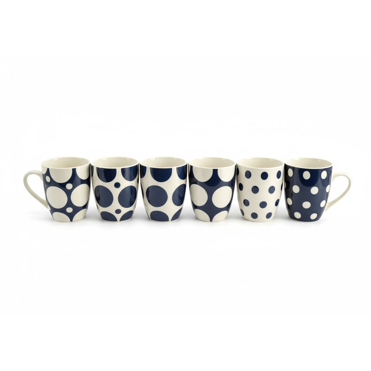 Elevate your daily ritual with this refined collection of six mugs, each adorned with understated navy spots that bring timeless elegance to your table.