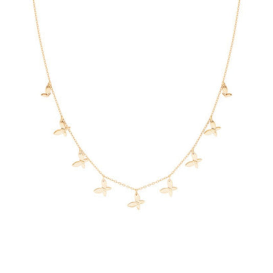 Discover the delicate beauty of the Tipperary Nine Butterflies Gold Necklace. Crafted with nine intricately detailed butterflies, this necklace exudes elegance and grace. The perfect accessory for any occasion, it is sure to add a touch of sophistication to any outfit. This necklace is a timeless addition to your jewellery collection.