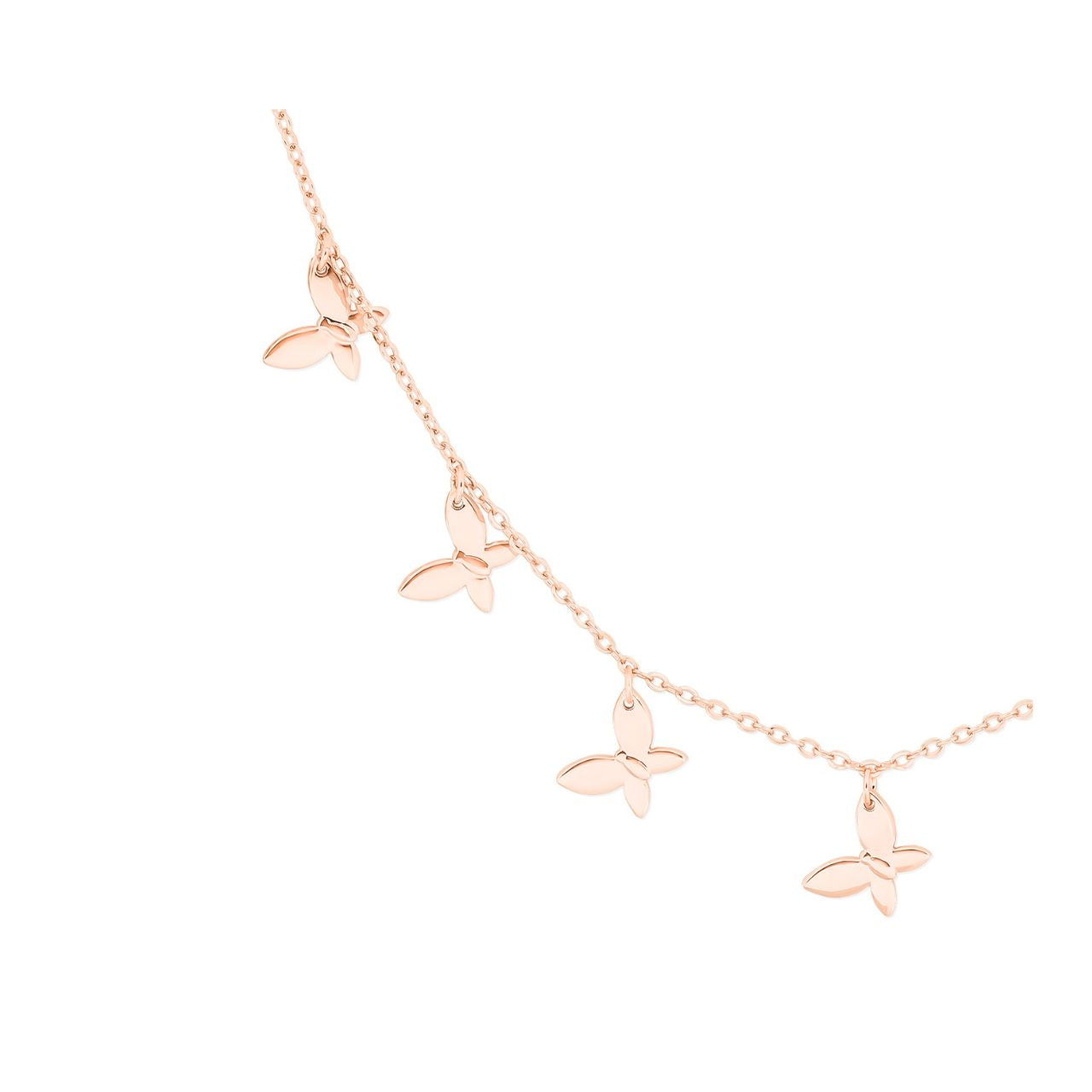 Elevate your elegance with the Tipperary Nine Butterflies Necklace in Rose Gold. This delicately designed piece features nine finely crafted butterflies, symbolizing transformation and grace.