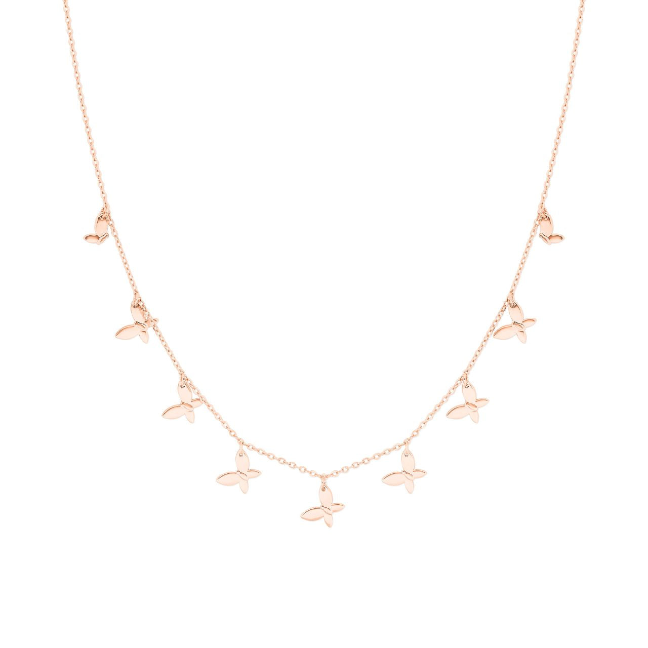 Elevate your elegance with the Tipperary Nine Butterflies Necklace in Rose Gold. This delicately designed piece features nine finely crafted butterflies, symbolizing transformation and grace.