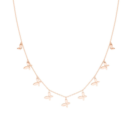 Elevate your elegance with the Tipperary Nine Butterflies Necklace in Rose Gold. This delicately designed piece features nine finely crafted butterflies, symbolizing transformation and grace.