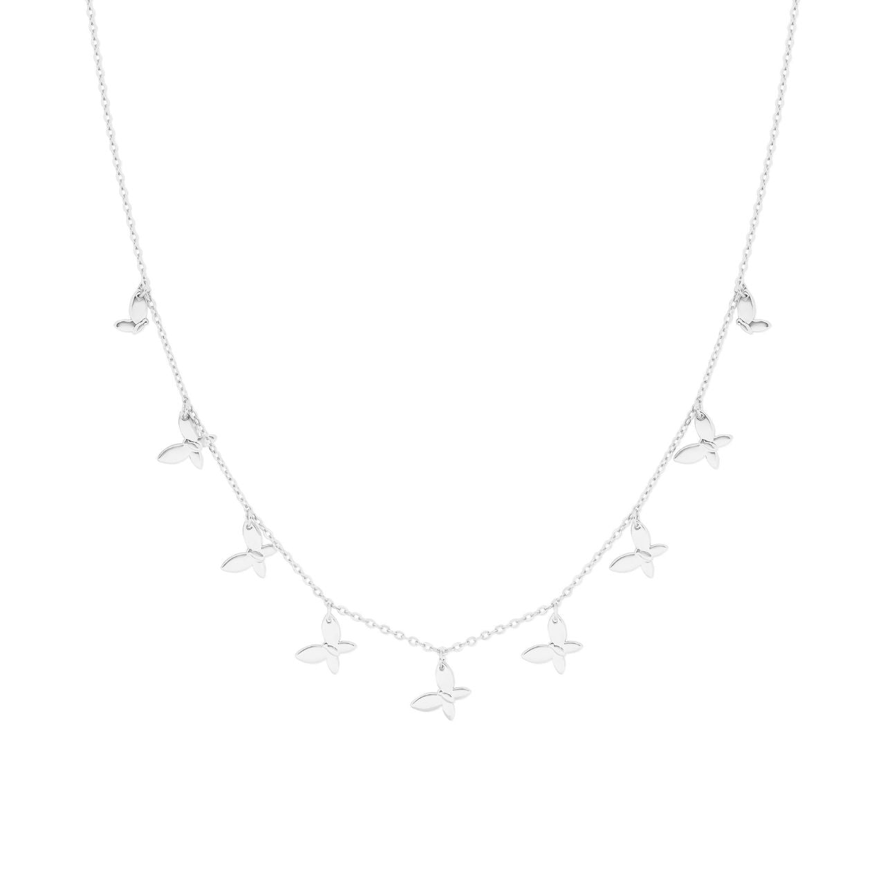 Crafted in silver, this delicately detailed piece captures the grace of nine butterflies in flight, symbolizing transformation and beauty. Its refined design complements both everyday wear and special occasions, adding a subtle yet sophisticated accent to any outfit.