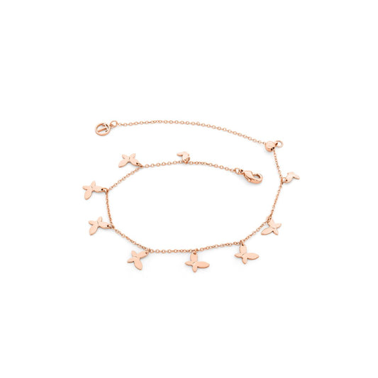 Elevate your elegance with the Nine Butterflies Rose Gold Bracelet by Tipperary. Crafted in a warm rose gold tone, this delicate piece features nine intricately designed butterflies, symbolizing transformation and grace.