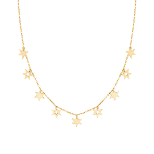 Gold Nine Star Necklace by Tipperary Introducing the elegant Tipperary Nine Star Necklace in gold. Crafted with nine stunning stars, this necklace is a symbol of beauty and elegance. Made by Tipperary, a brand known for its exquisite jewellery, this necklace is a must-have for any fashion-forward individual. Elevate your look with this stunning accessory.