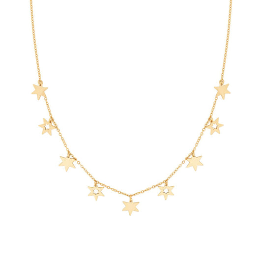 Gold Nine Star Necklace by Tipperary Introducing the elegant Tipperary Nine Star Necklace in gold. Crafted with nine stunning stars, this necklace is a symbol of beauty and elegance. Made by Tipperary, a brand known for its exquisite jewellery, this necklace is a must-have for any fashion-forward individual. Elevate your look with this stunning accessory.