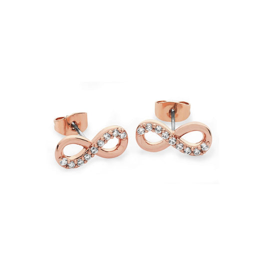 These elegant earrings are a beautiful expression of “reﬁned style”. The romantic rose gold design features a symetrical inﬁnity symbol partially lined with a row of dazzling round clear crystals. Finished with a bright polished lustre, they secure comfortably with push backs.