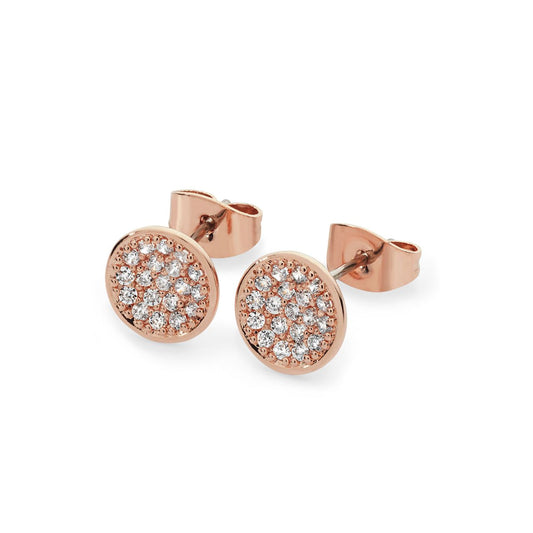 Pave Full Moon Earrings Rose Gold by  Tipperary  Dainty and dazzling, these earrings are a mini version of our pavé moon pendant. Full of sparkle, these adorable rose gold earrings are covered in round micro-set clear crystals. They secure comfortably with push back closures.