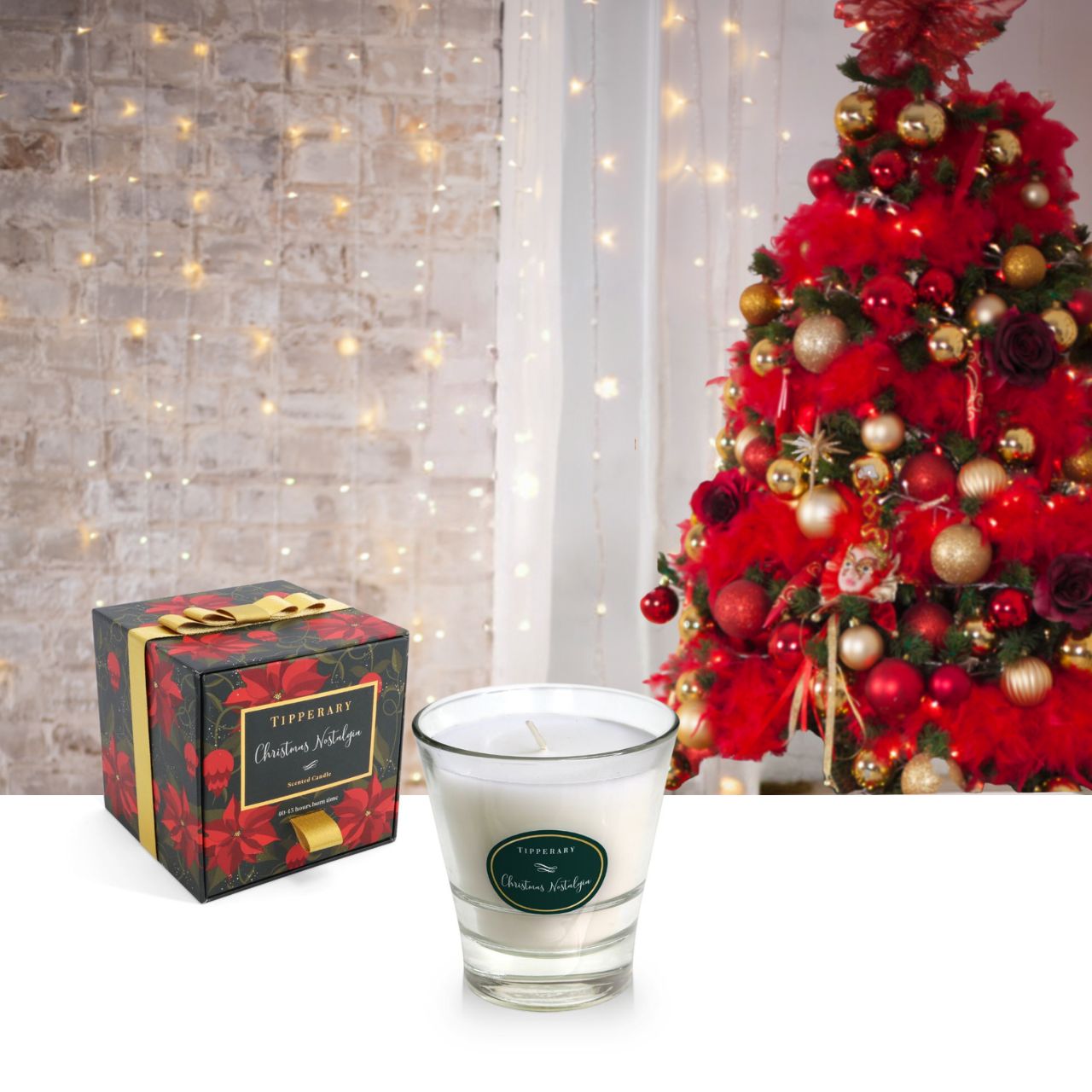 Christmas Nostalgia Poinsettia Tumbler Candle by Tipperary  A Christmas tree scent blended with spices fills the room with nostalgia and happy memories of Christmas.