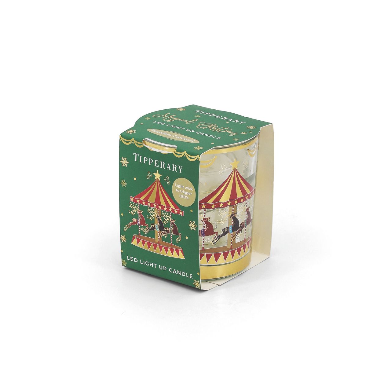 Elevate your holiday décor with the Tipperary Reindeer Carousel Christmas LED Light Up Candle. This elegant candle features a charming carousel of reindeer illuminated by soft LED lighting, creating a warm and festive ambiance.