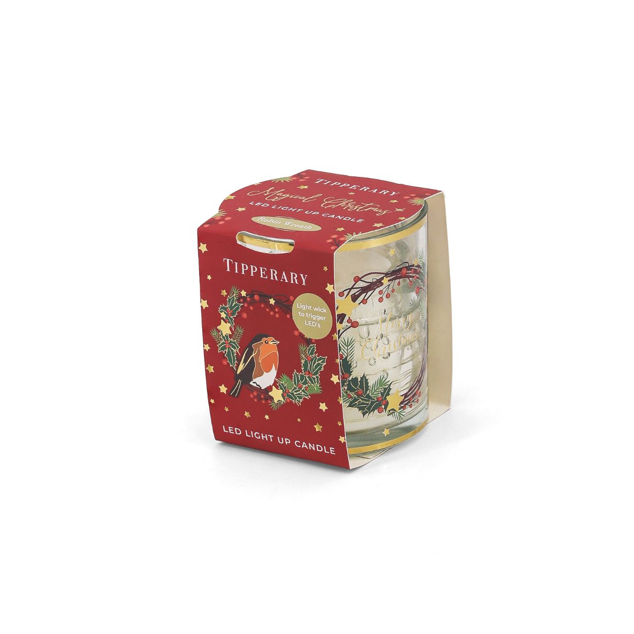 Illuminate your holiday décor with the Tipperary Robin Wreath Christmas LED Light Up Candle. Featuring a delicate robin perched on a festive wreath, this elegant candle offers a warm, ambient glow.