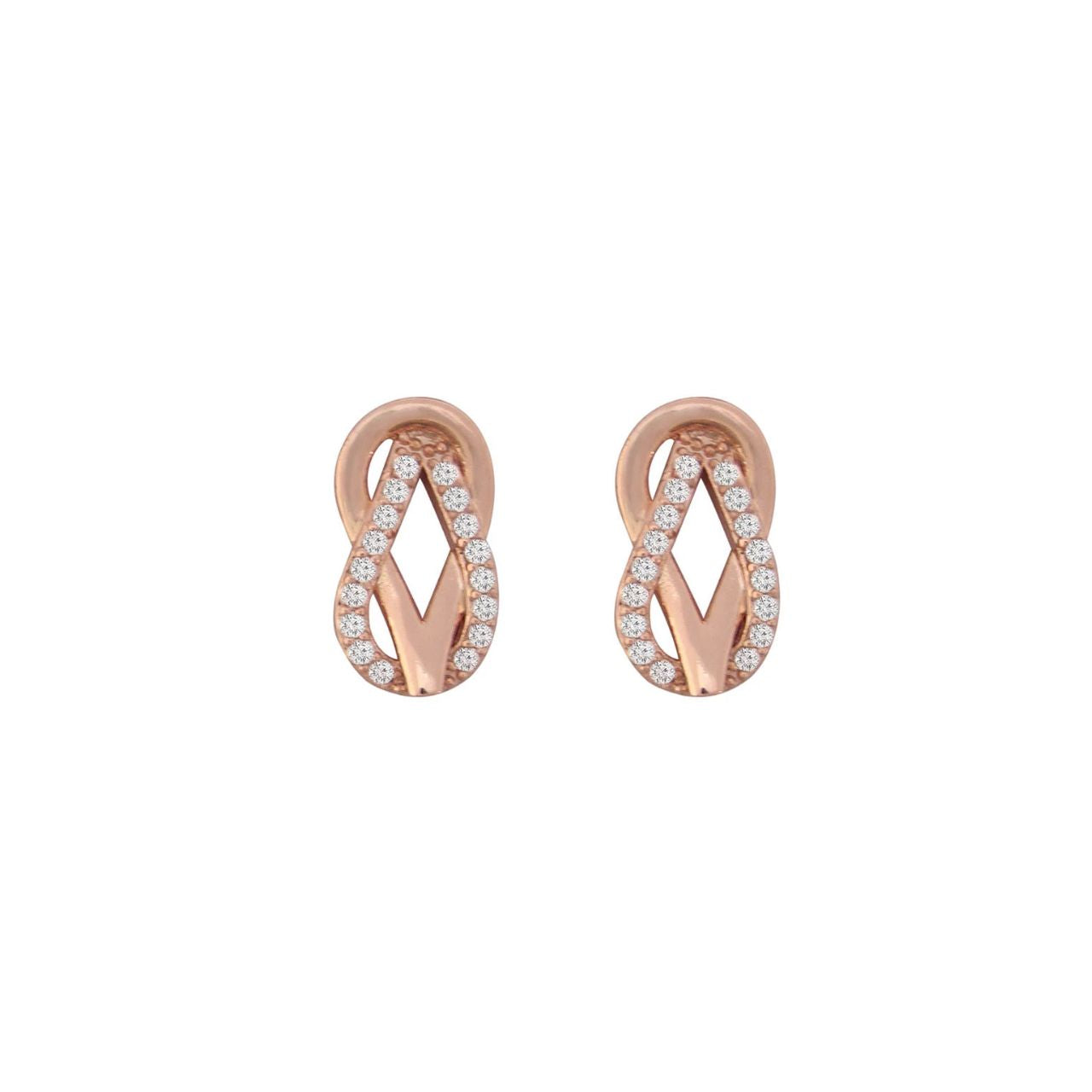Expertly crafted in rose gold, these inﬁnity inspired earrings are a very dimensional look featuring two sleek linking tear-drop shaped elements.