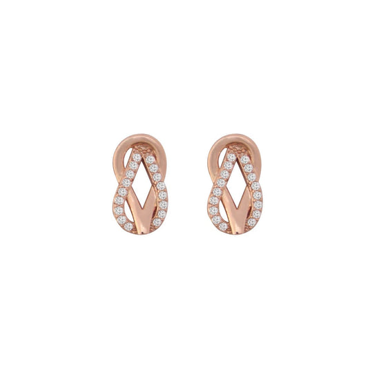 Expertly crafted in rose gold, these inﬁnity inspired earrings are a very dimensional look featuring two sleek linking tear-drop shaped elements.