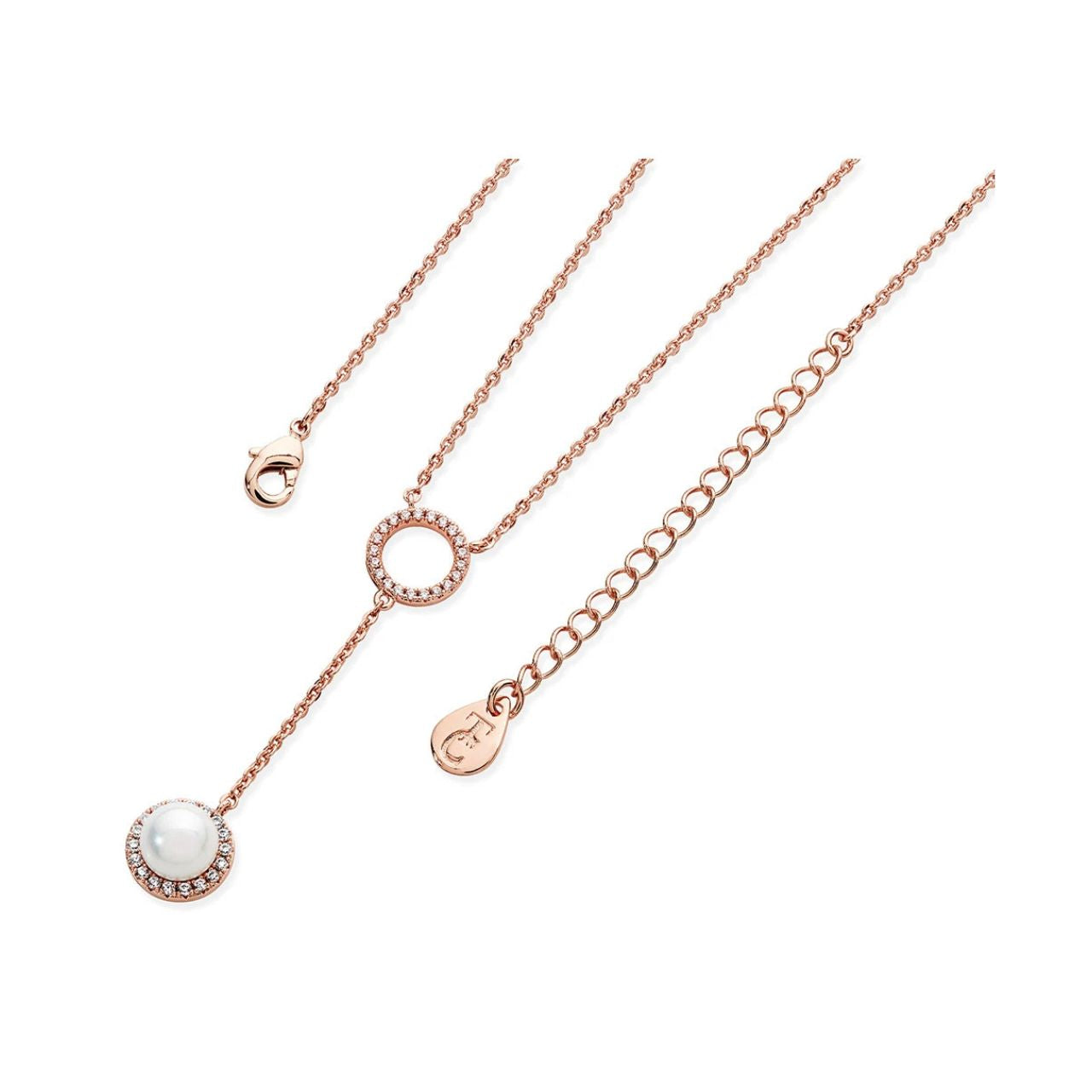 This stylish rose gold necklace will compliment any ensemble. Its crafted in rose gold cable chain with a simple circle pendant which is completely lined in glistening clear crystals.