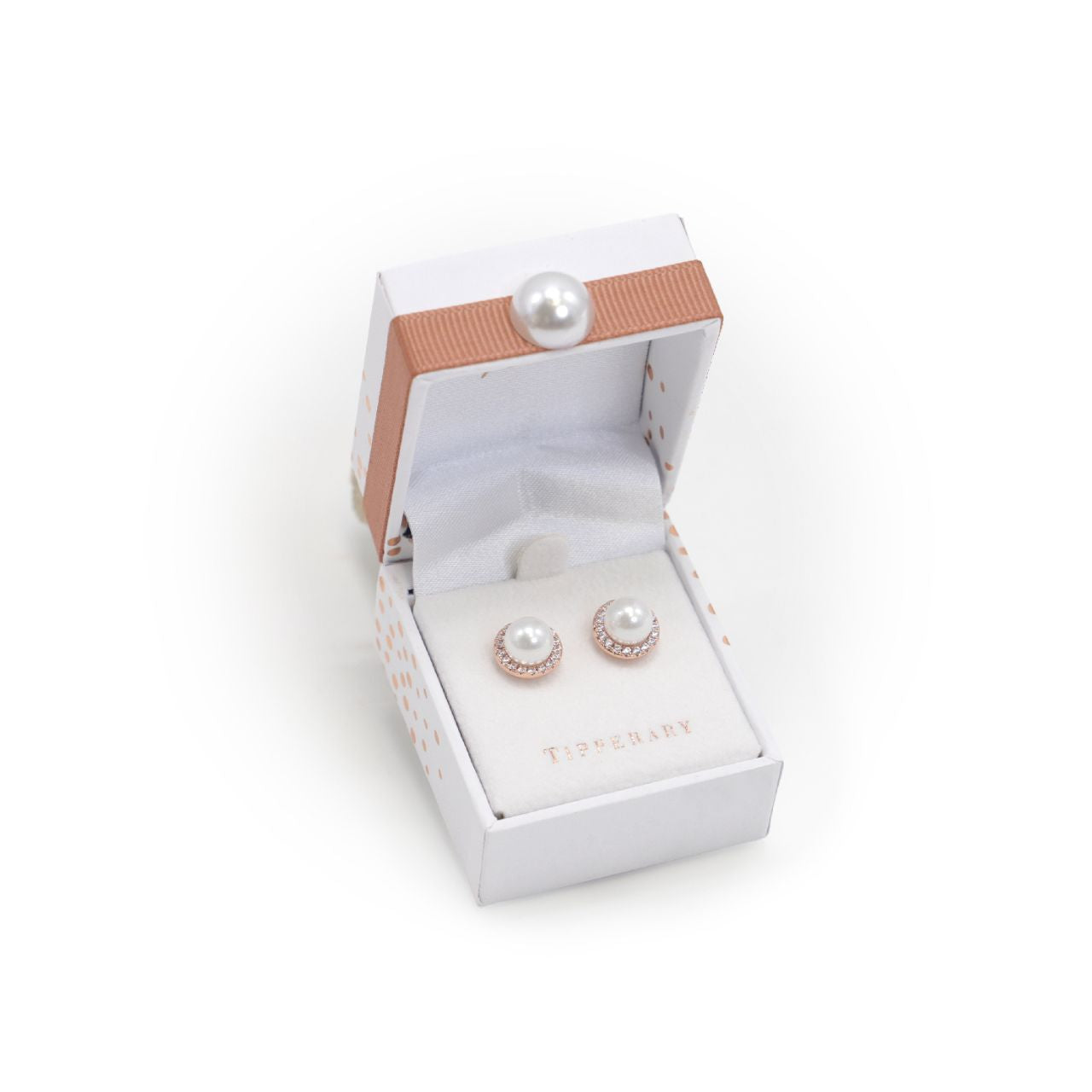 These beautiful earrings are crafted in rose gold, each dazzling circle is 10mm in diameter with a luminous pearl nestled in it’s centre.