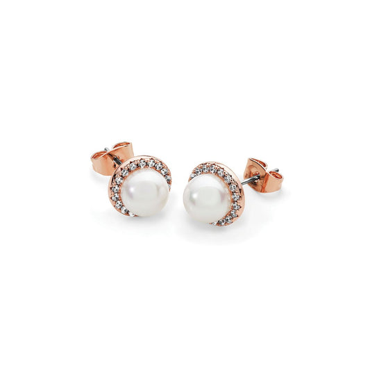 These beautiful earrings are crafted in rose gold, each dazzling circle is 10mm in diameter with a luminous pearl nestled in it’s centre.