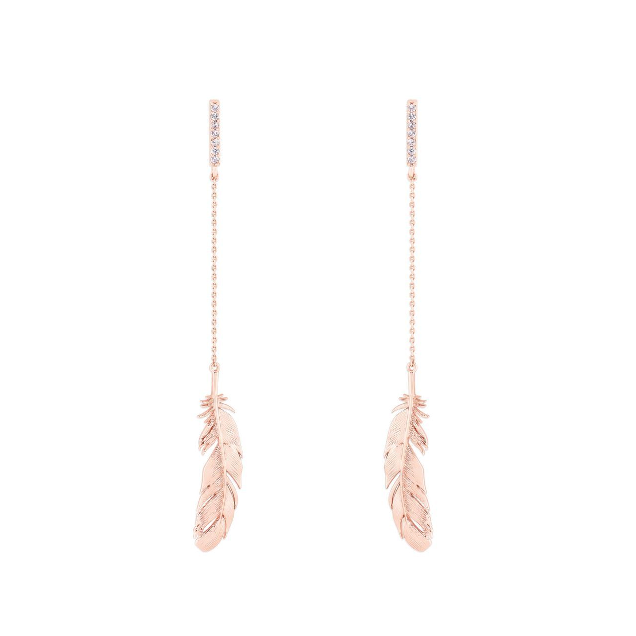 Rose Gold Feather & Chain Long Earrings by Tipperary  These Rose Gold Feather & Chain Long Earrings by Tipperary will instantly upgrade your look. Crafted with rose gold plated brass, this timeless jewellery piece is lightweight and durable. Enjoy the beauty of a classic design that will last for many years to come.