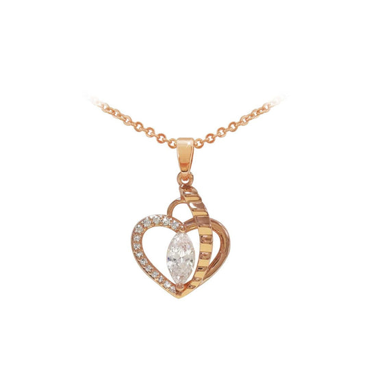 This unusual sparkling heart pendant is certain to catch the eye. Fashioned in warm rose gold, the open heart design is half-lined with shimmering clear crystal accents that gleam at every angle. A single marquise cut crystal is the centrepiece of this elegant pendant which suspends from a uniquely styled bale.