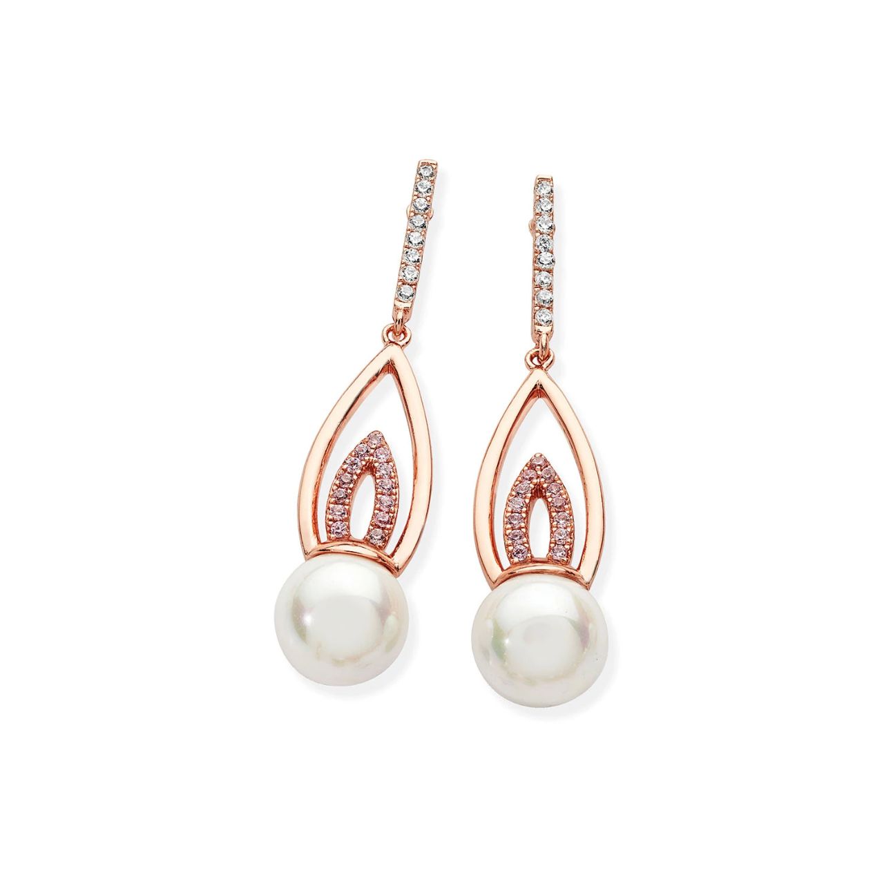 These exceptional drop earrings have an almost art deco feel to them. Fashioned in rose gold they consist of a crystal lined linear bale, a flame shaped polished rose gold piece suspends from this with another flame shape lined in pink crystals, suspending from this unusual piece is an 8mm white shell pearl.
