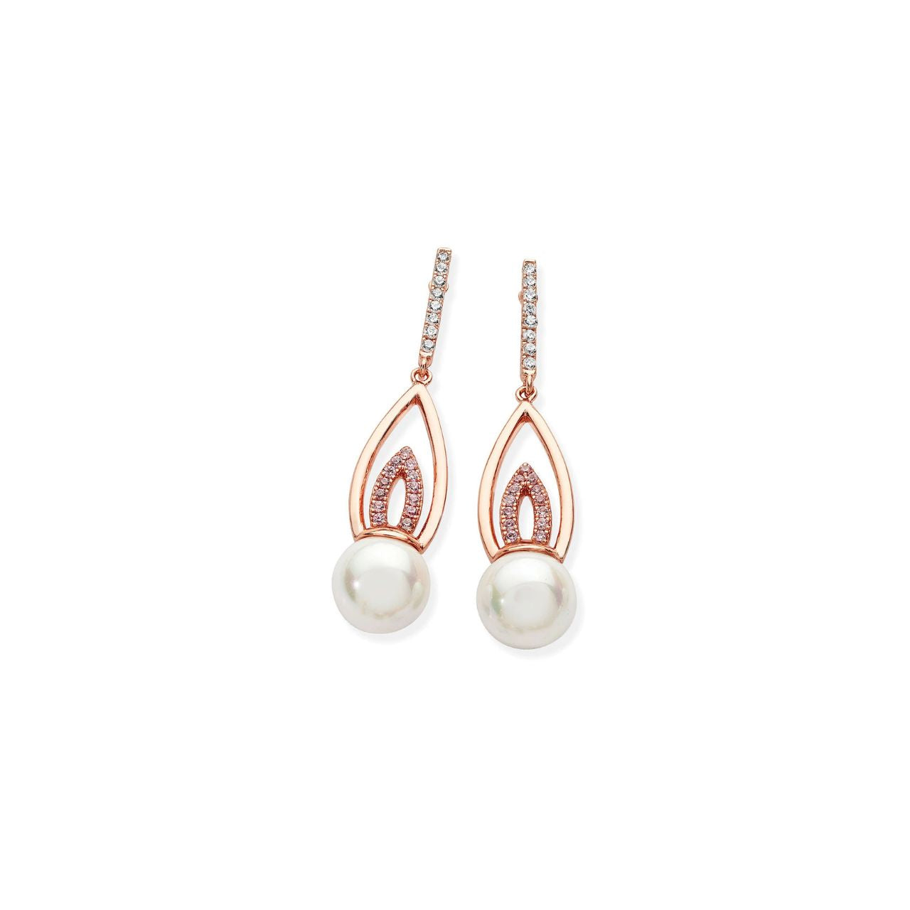 These exceptional drop earrings have an almost art deco feel to them. Fashioned in rose gold they consist of a crystal lined linear bale, a flame shaped polished rose gold piece suspends from this with another flame shape lined in pink crystals, suspending from this unusual piece is an 8mm white shell pearl.