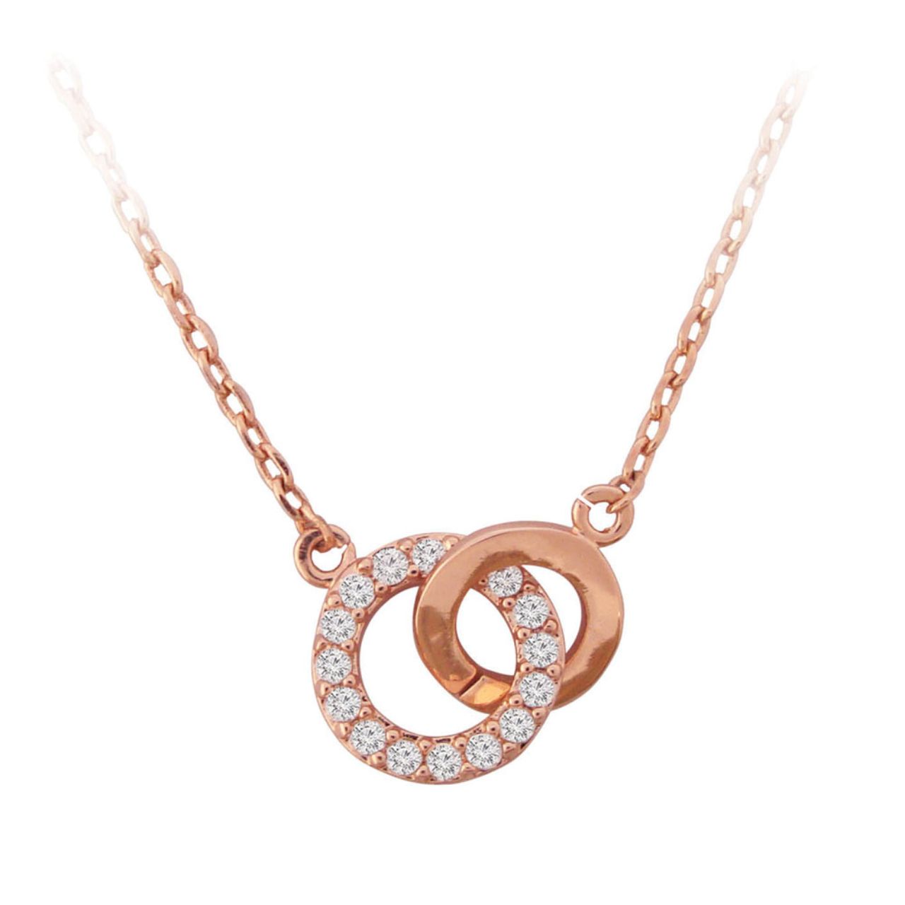 Rose Gold Polished & Crystal Circle Pendant by Tipperary Crystal  Forever sparkling, this symbolic necklace is a glistening symbol of forever love. Fashioned in romantic rose gold the design joins one polished open circle with a larger open circle lined with brilliantly cut round clear crystals.