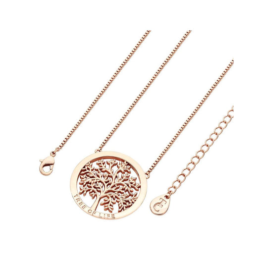 This exquisite piece consists of a polished rose gold circle surrounding an ornate polished rose gold tree of life, it suspends centred from a shimmering rose gold cable chain and secures safely with a lobster claw clasp.