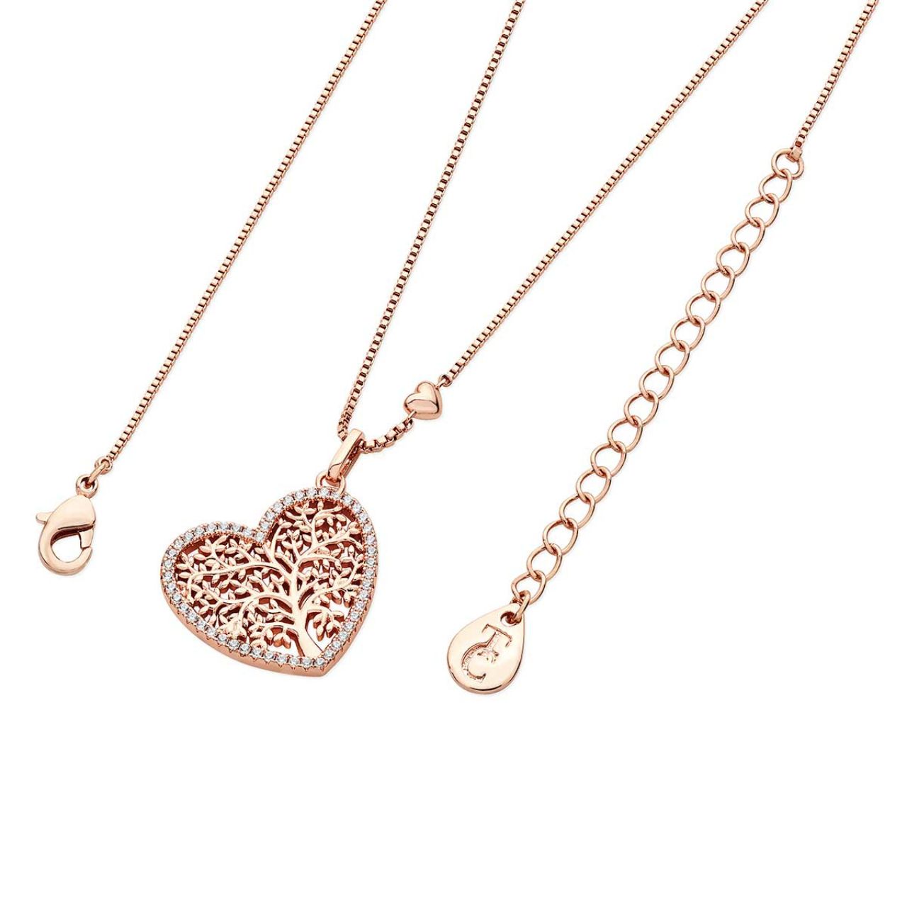 Rose Gold Tol Pave Heart Pendant by Tipperary  Crafted in rose gold, a tree of life sits within a crystal encrusted heart shape, this pretty pendant suspends from a cable chain which features a beautiful rose gold heart positioned just above the suspending pendant. This piece secures safely with a lobster claw clasp.